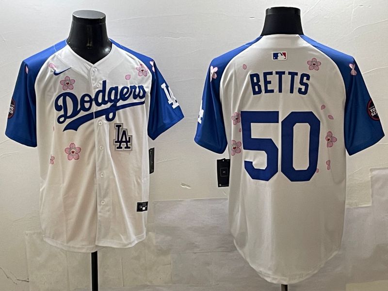 Men Los Angeles Dodgers 50 Betts White Blue Sakura Edition 2025 Nike MLB Jersey style 9